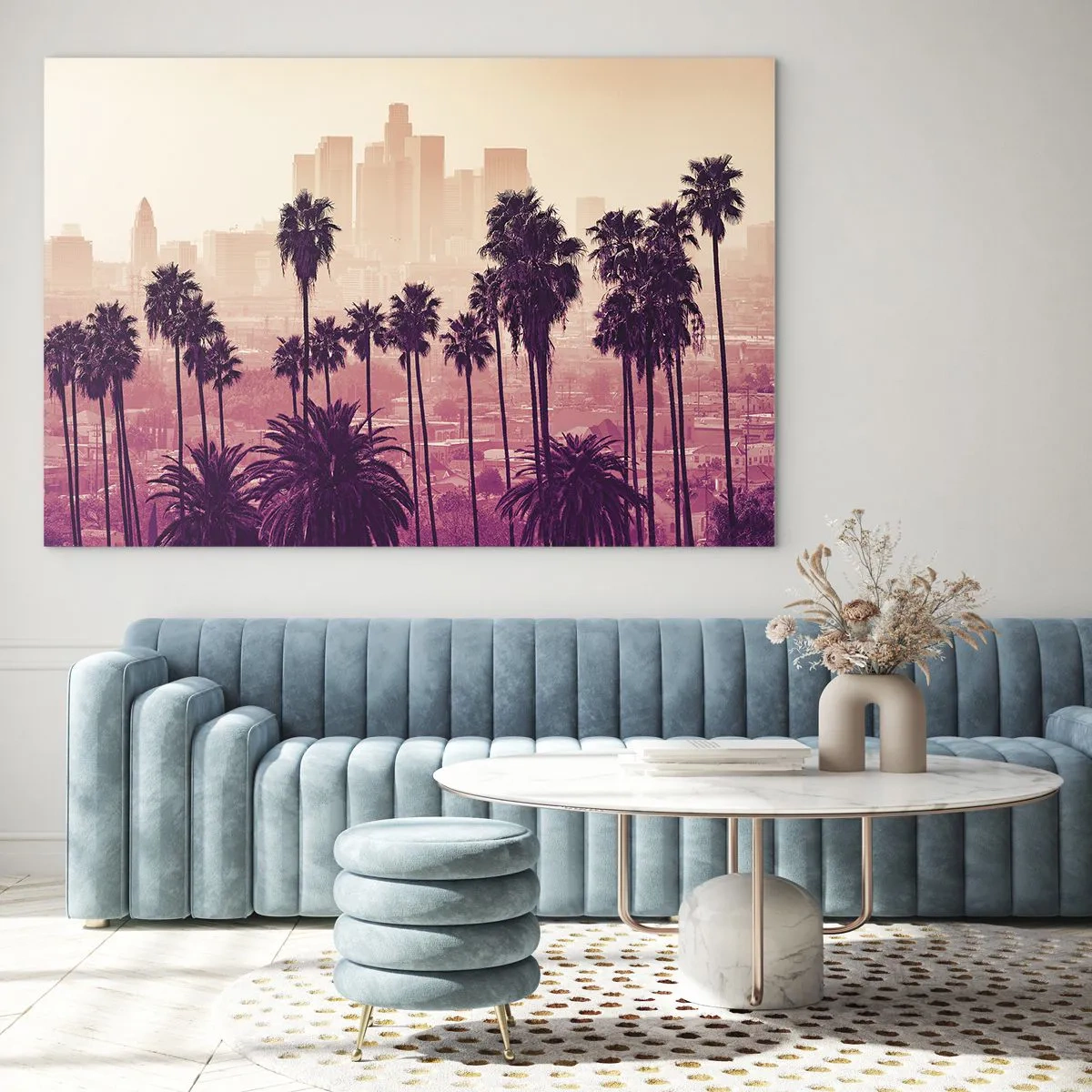 Cuadro sobre vidrio - Impresiones sobre Vidrio - Palmeras con el horizonte de la ciudad como telón de fondo en cálidos tonos del atardecer. - 120x80cm - El paisaje de California - Decoración de pared moderna para salón y dormitorio ARTTOR