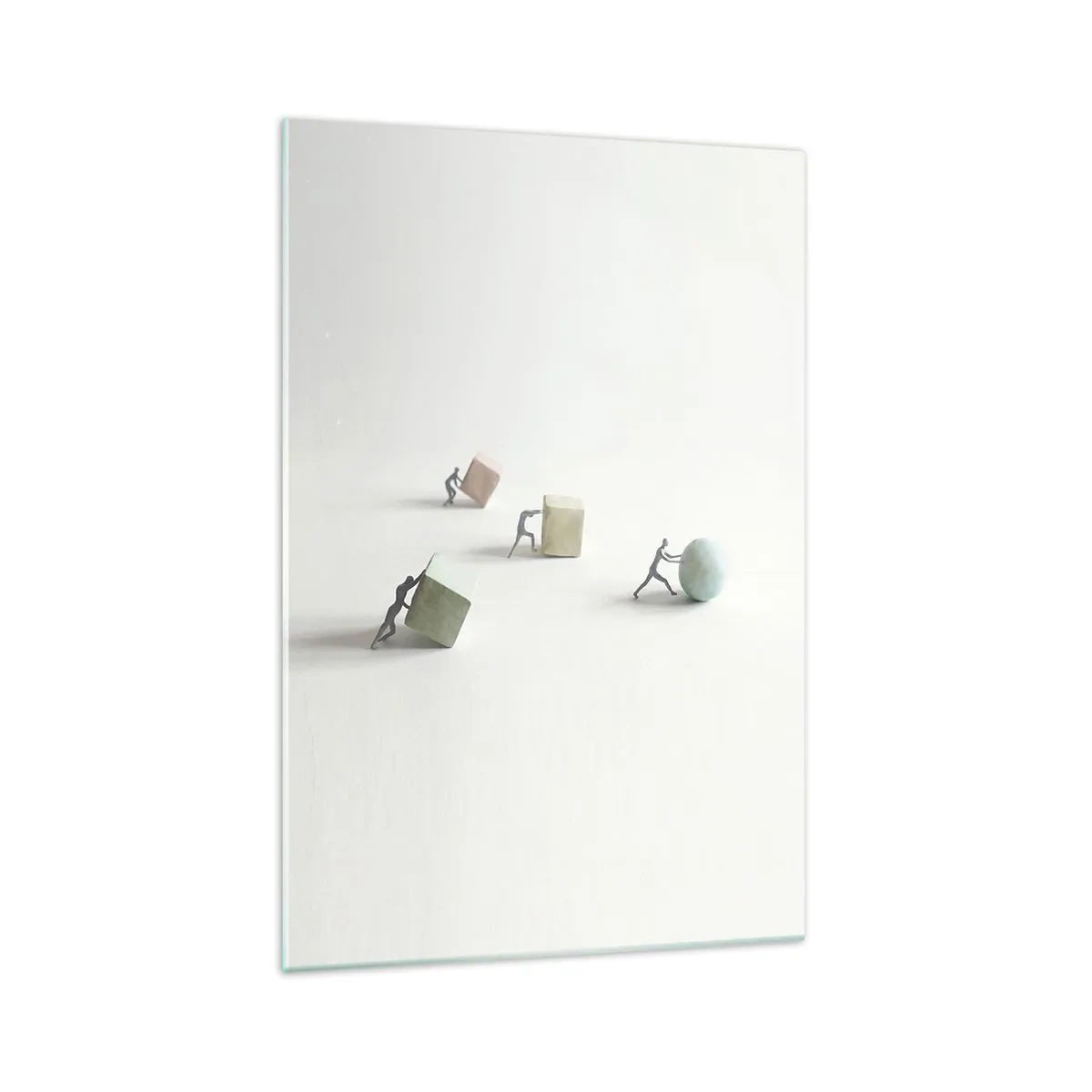 Cuadro sobre vidrio - Impresiones sobre Vidrio - Figuras en miniatura que empujan formas contra un fondo claro. - 70x100cm - El avance de la geometría - Decoración de pared moderna para salón y dormitorio ARTTOR