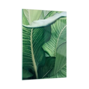 Cuadro sobre vidrio - Impresiones sobre Vidrio - Hojas verdes exuberantes en primer plano y con luz natural. - 50x70cm - Vida intensamente verde - Decoración de pared moderna para salón y dormitorio ARTTOR