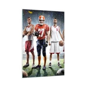 Cuadro sobre vidrio - Impresiones sobre Vidrio - Una escena dinámica de atletas de diversas disciplinas en el estadio bajo los focos. - 80x120cm - Gladiadores sobre los terrenos de juego - Decoración de pared moderna para salón y dormitorio ARTTOR