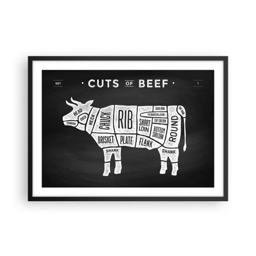 Póster en marco negro - Diagrama de cortes de carne de res sobre un fondo negro - 70x50cm - Manual del carnicero - Decoración de pared moderna para salón y dormitorio ARTTOR