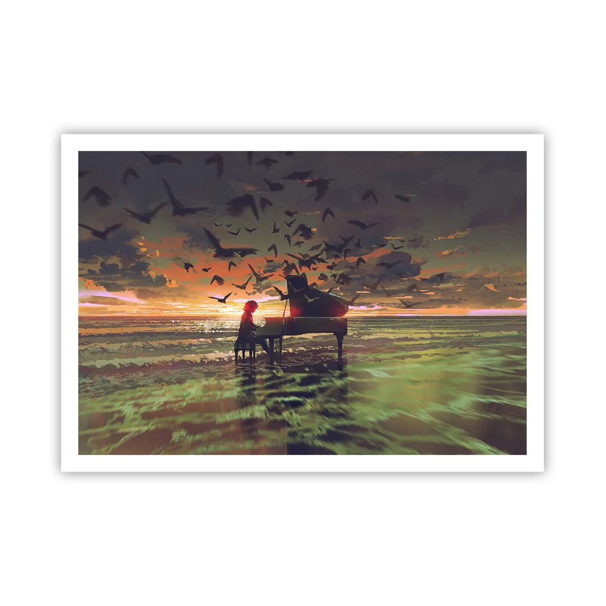 Póster - Un piano en la orilla del mar al atardecer con pájaros. - 100x70cm - Concierto de piano y olas - Decoración de pared moderna para salón y dormitorio ARTTOR