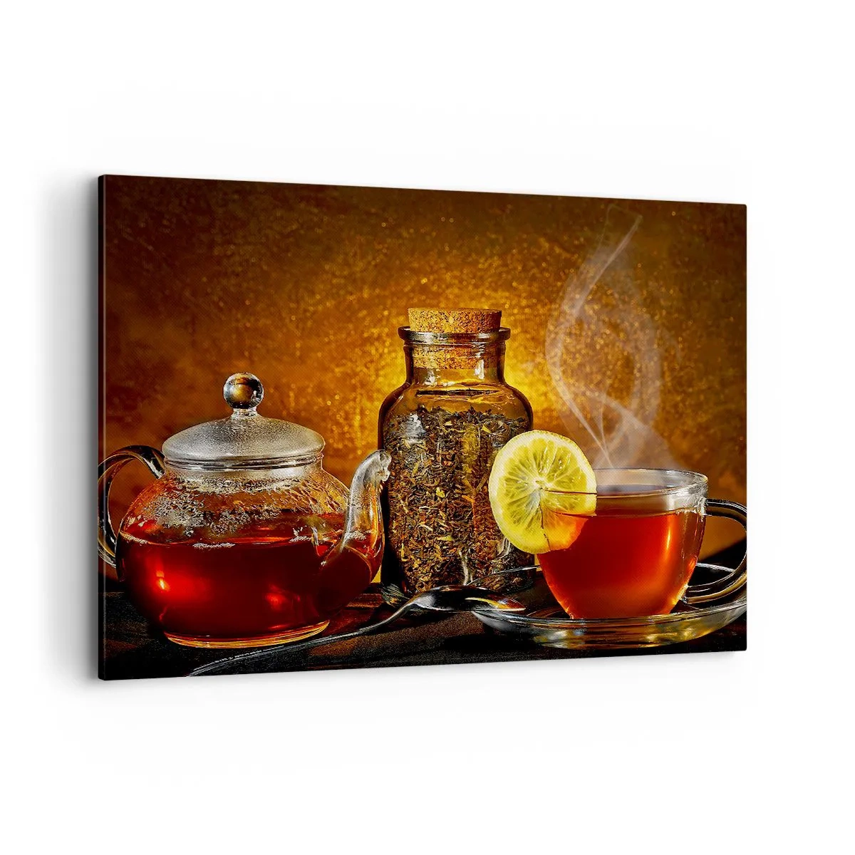 Cuadro sobre lienzo - Impresión de Imagen - Té en jarra de cristal con limón y té suelto. - 100x70cm - Al estilo de los maestros holandeses - Decoración de pared moderna para salón y dormitorio ARTTOR