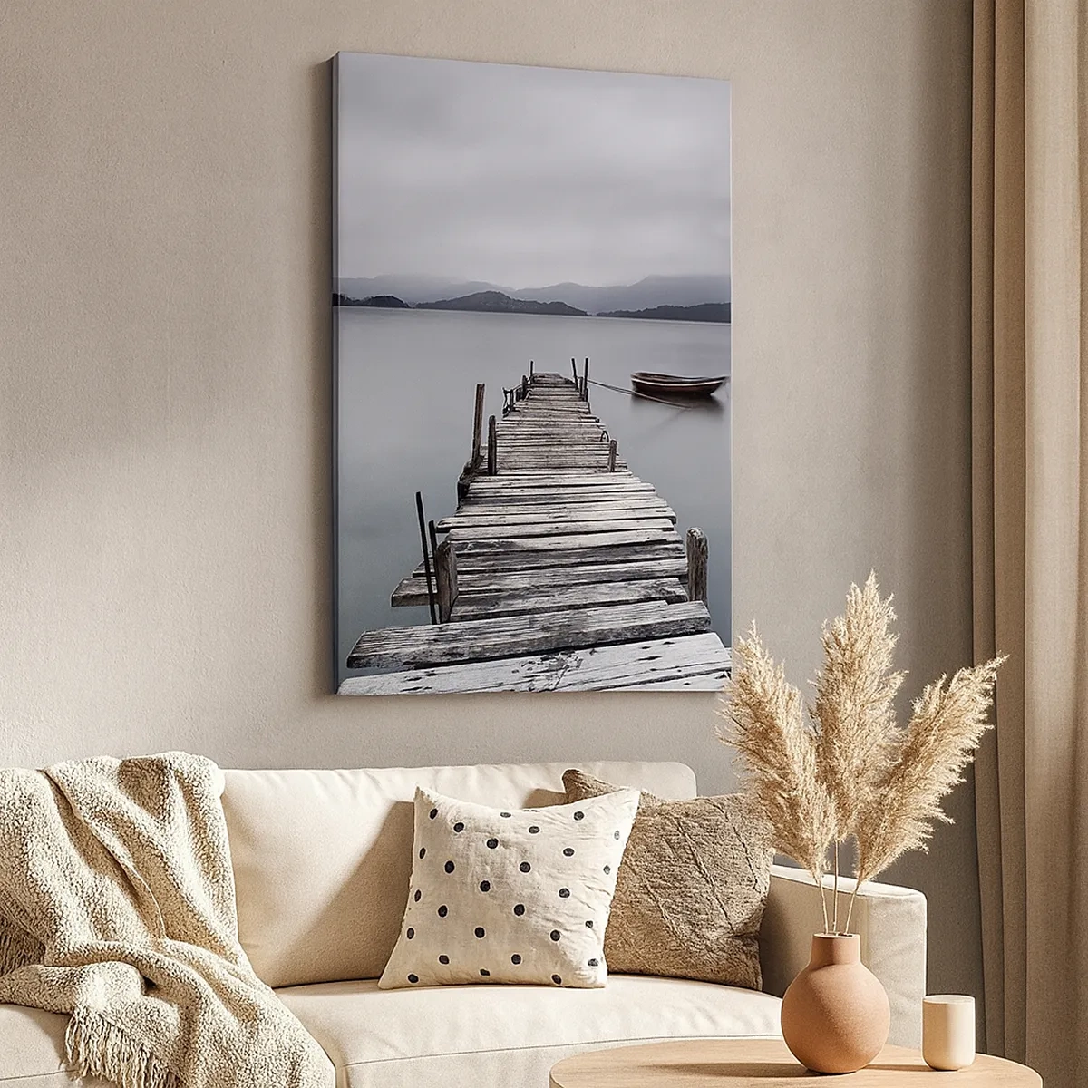 Cuadro sobre lienzo - Impresión de Imagen - Un puente de madera que conduce a la tranquila superficie del lago. - 50x70cm - Mañana partimos - Decoración de pared moderna para salón y dormitorio ARTTOR