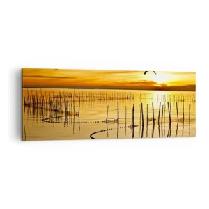 Cuadro sobre lienzo - Impresión de Imagen - Puesta de sol sobre el agua con pájaros en vuelo - 140x50cm - Horizonte naranja - Decoración de pared moderna para salón y dormitorio ARTTOR