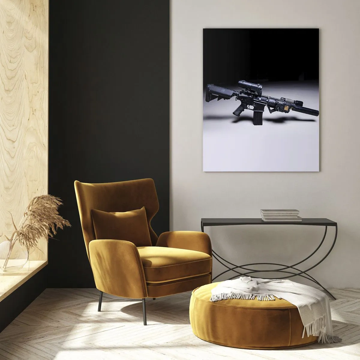 Cuadro sobre vidrio - Impresiones sobre Vidrio - Un rifle moderno en negro sobre un fondo oscuro. - 80x120cm - Un caballero oscuro - Decoración de pared moderna para salón y dormitorio ARTTOR