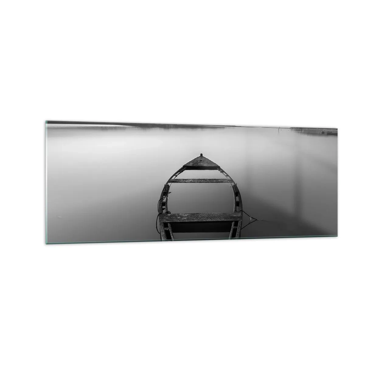 Cuadro sobre vidrio - Impresiones sobre Vidrio - Un barco solitario en un lago tranquilo en tonos blanco y negro. - 140x50cm - Anhelo y melancolía - Decoración de pared moderna para salón y dormitorio ARTTOR
