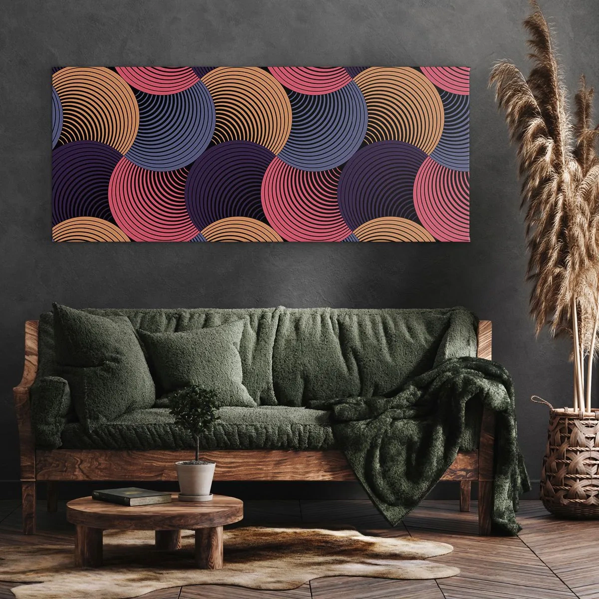 Cuadro sobre lienzo - Impresión de Imagen - Círculos geométricos en tonos rosa, morado y dorado. - 120x50cm - En un ritmo circular - Decoración de pared moderna para salón y dormitorio ARTTOR
