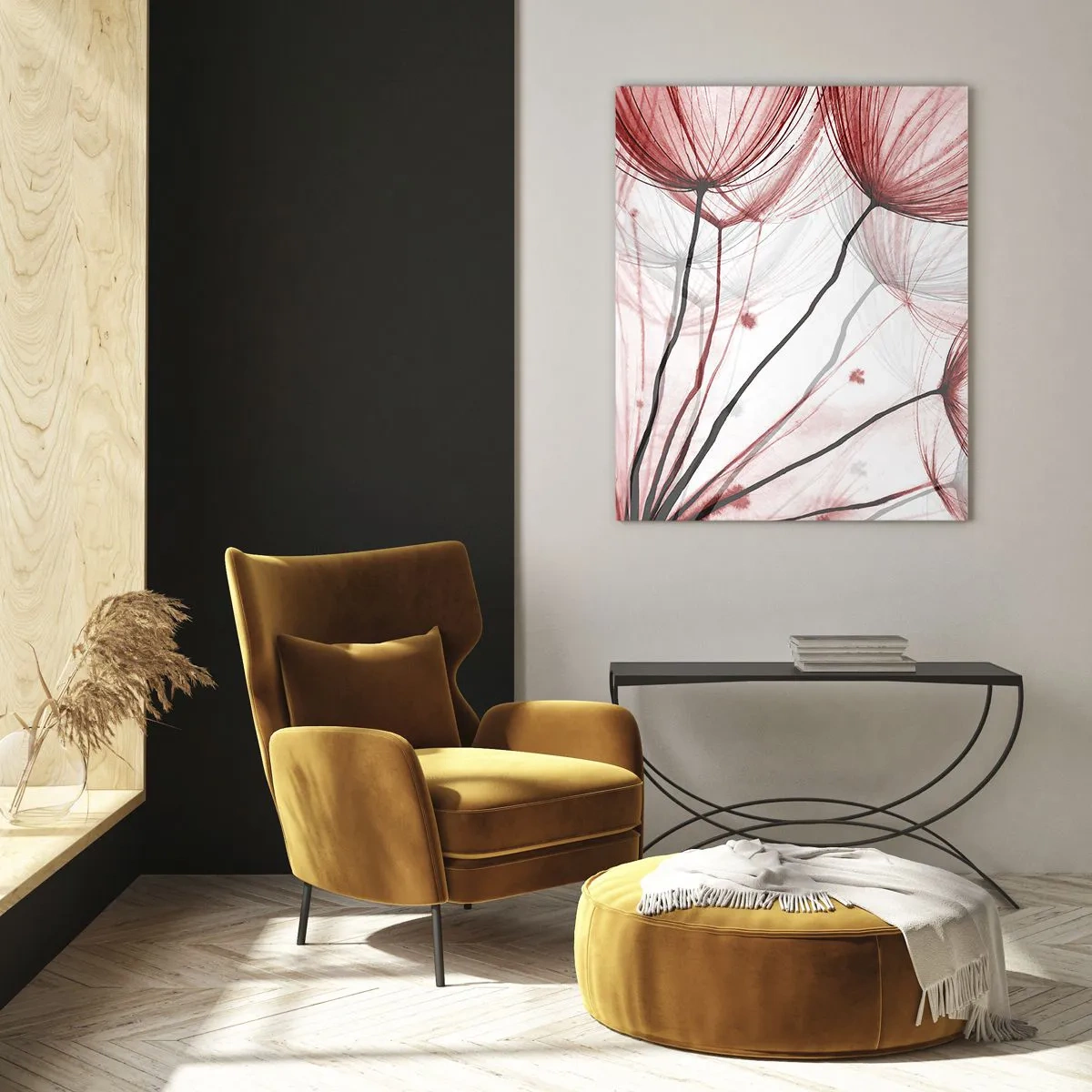 Cuadro sobre vidrio - Impresiones sobre Vidrio - Dientes de león sutiles en tonos rosa y negro. - 50x70cm - Antes de partir - Decoración de pared moderna para salón y dormitorio ARTTOR