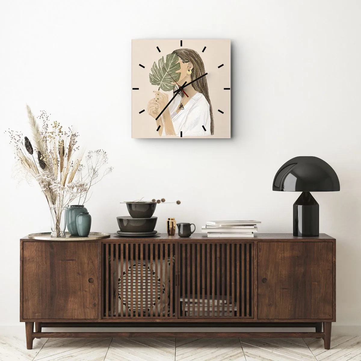 Reloj de pared - Reloj de vidrio - Retrato misterioso con un abanico - 40x40 cm