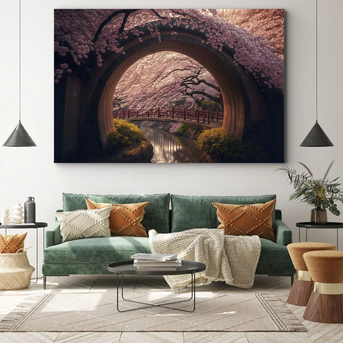 Cuadro sobre lienzo - Impresión de Imagen - Un puente tradicional japonés rodeado de flores de cerezo. - 70x50cm - Primavera japonesa - Decoración de pared moderna para salón y dormitorio ARTTOR