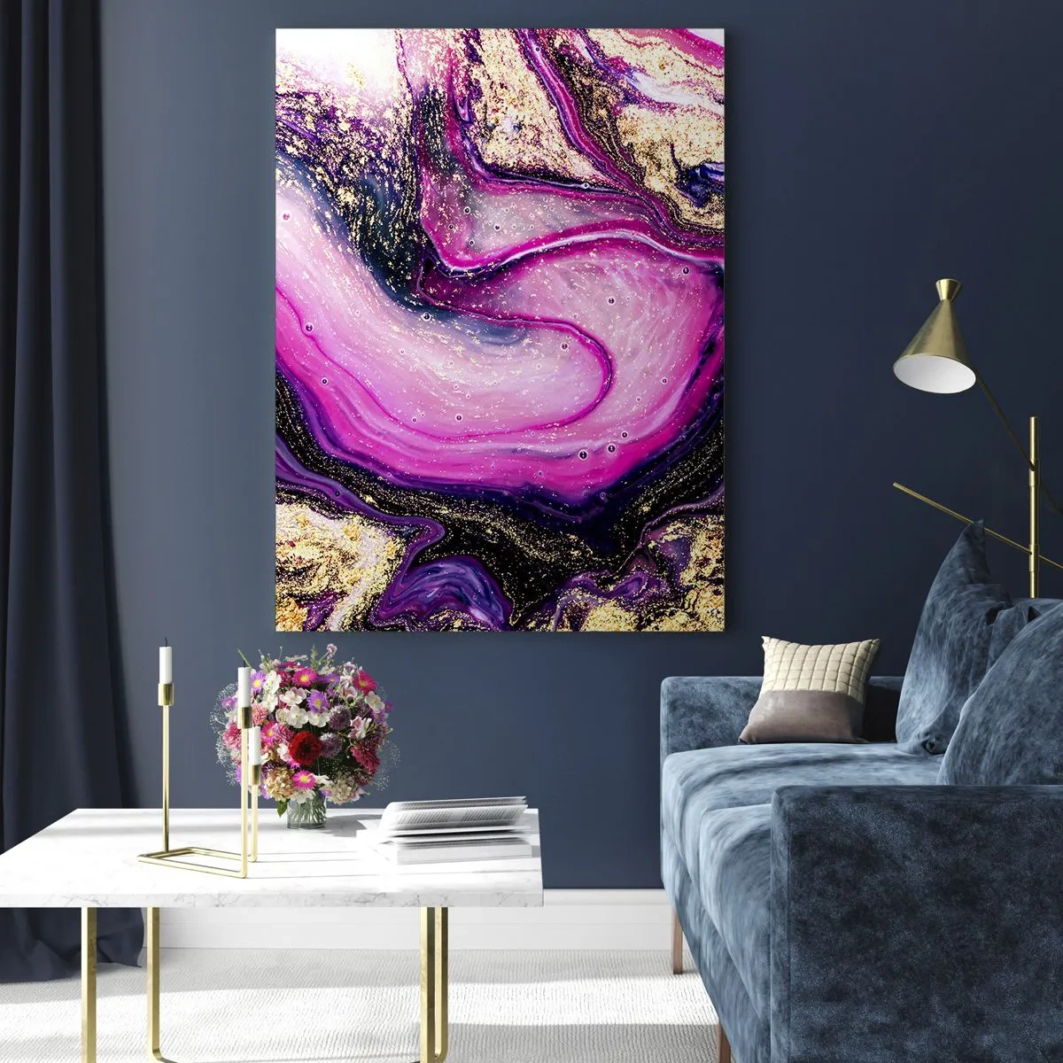 Cuadro sobre vidrio - Impresiones sobre Vidrio - Una composición abstracta en tonos morados y dorados. - 50x70cm - Un momento abstracto - Decoración de pared moderna para salón y dormitorio ARTTOR