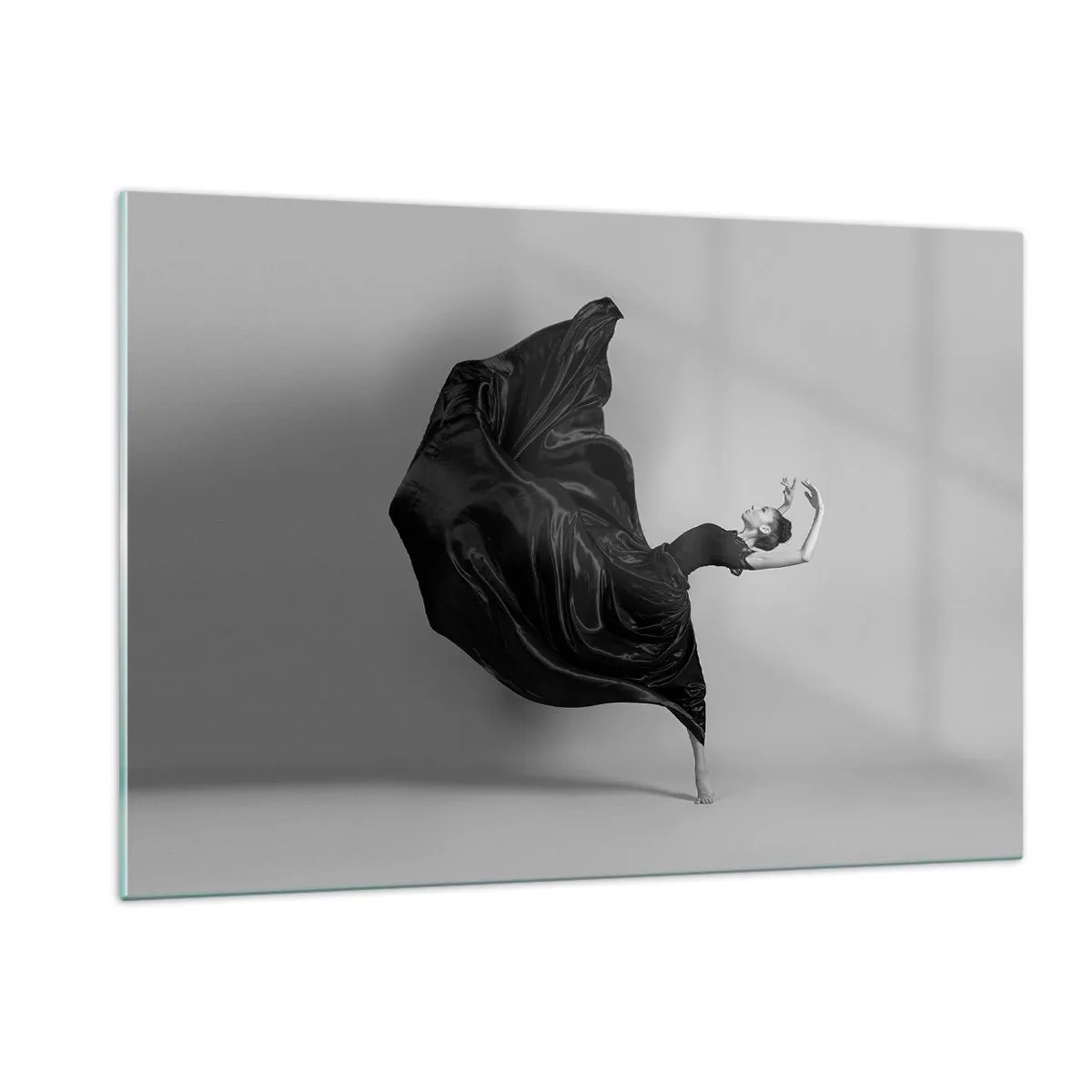 Cuadro sobre vidrio - Impresiones sobre Vidrio - Una bailarina con un vestido negro flotando dinámicamente en el aire. - 120x80cm - La música da alas - Decoración de pared moderna para salón y dormitorio ARTTOR