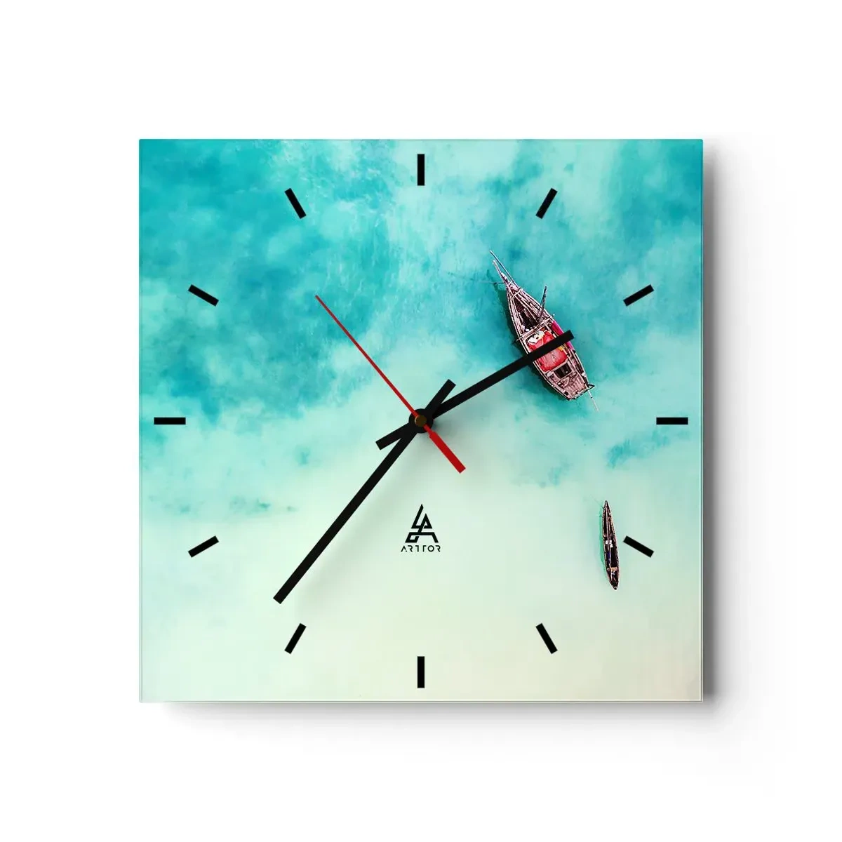 Reloj de pared - Reloj de vidrio - Barcos en aguas turquesas vistos a vista de pájaro - 30x30cm - Porque en las playas de Zanzíbar, cuando las aguas se desbordan... - Decoración de pared moderna para salón y dormitorio ARTTOR
