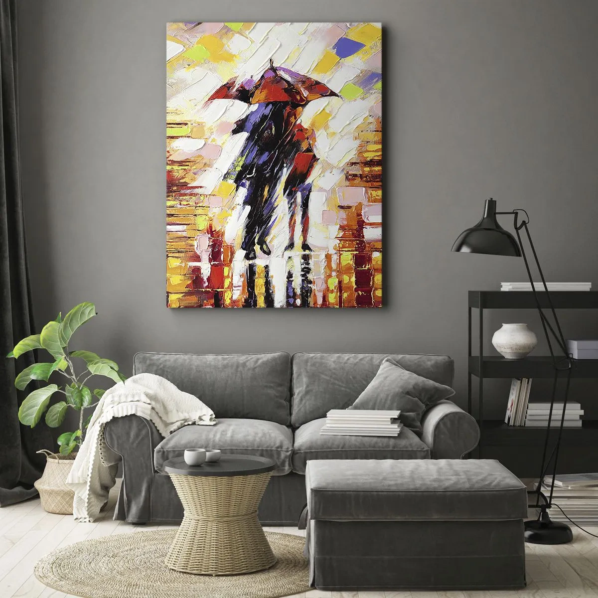 Cuadro sobre lienzo - Impresión de Imagen - Una escena abstracta de un paseo bajo un paraguas en una noche lluviosa. - 50x70cm - Juntos a través de la noche y la lluvia - Decoración de pared moderna para salón y dormitorio ARTTOR