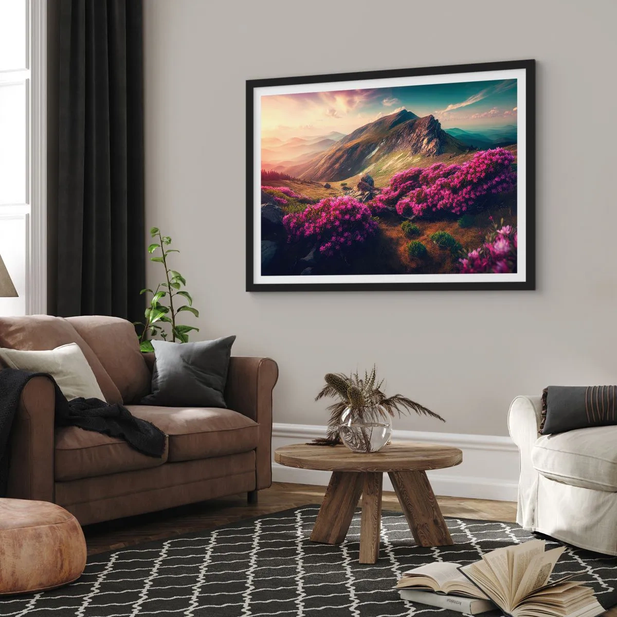 Póster en marco negro - Paisaje de montaña con rododendros en flor - 100x70cm - Verano en las montañas - Decoración de pared moderna para salón y dormitorio ARTTOR