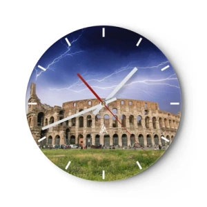 Reloj de pared - Reloj de vidrio - El Coliseo iluminado por un rayo contra un cielo oscuro - 30x30cm - Arena de guerreros - Decoración de pared moderna para salón, cocina y dormitorio ARTTOR