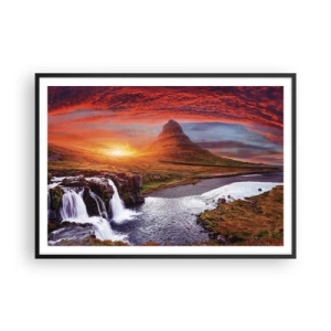 Póster en marco negro - Paisaje de montaña con cascada al atardecer. - 100x70cm - Una vista de la Tierra Media - Decoración de pared moderna para salón y dormitorio ARTTOR