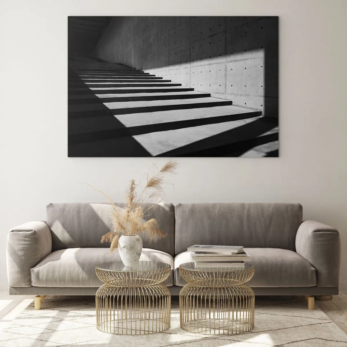 Cuadro sobre vidrio - Impresiones sobre Vidrio - Escaleras de hormigón con luces y sombras nítidas en un estilo moderno. - 70x50cm - La cruda belleza del modernismo - Decoración de pared moderna para salón y dormitorio ARTTOR