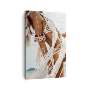 Cuadro sobre lienzo - Impresión de Imagen - Figura de una mujer con adornos y ropa étnica con el telón de fondo de un paisaje tropical. - 80x120cm - Sacerdotisa del sol - Decoración de pared moderna para salón y dormitorio ARTTOR