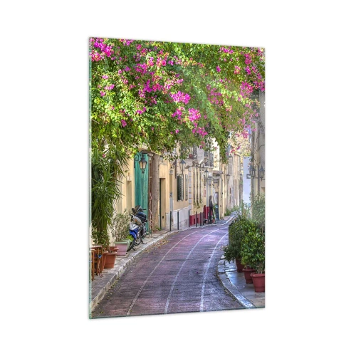 Cuadro sobre vidrio - Impresiones sobre Vidrio - Una calle encantadora con árboles en flor. - 50x70cm - Un callejón floreciente - Decoración de pared moderna para salón y dormitorio ARTTOR