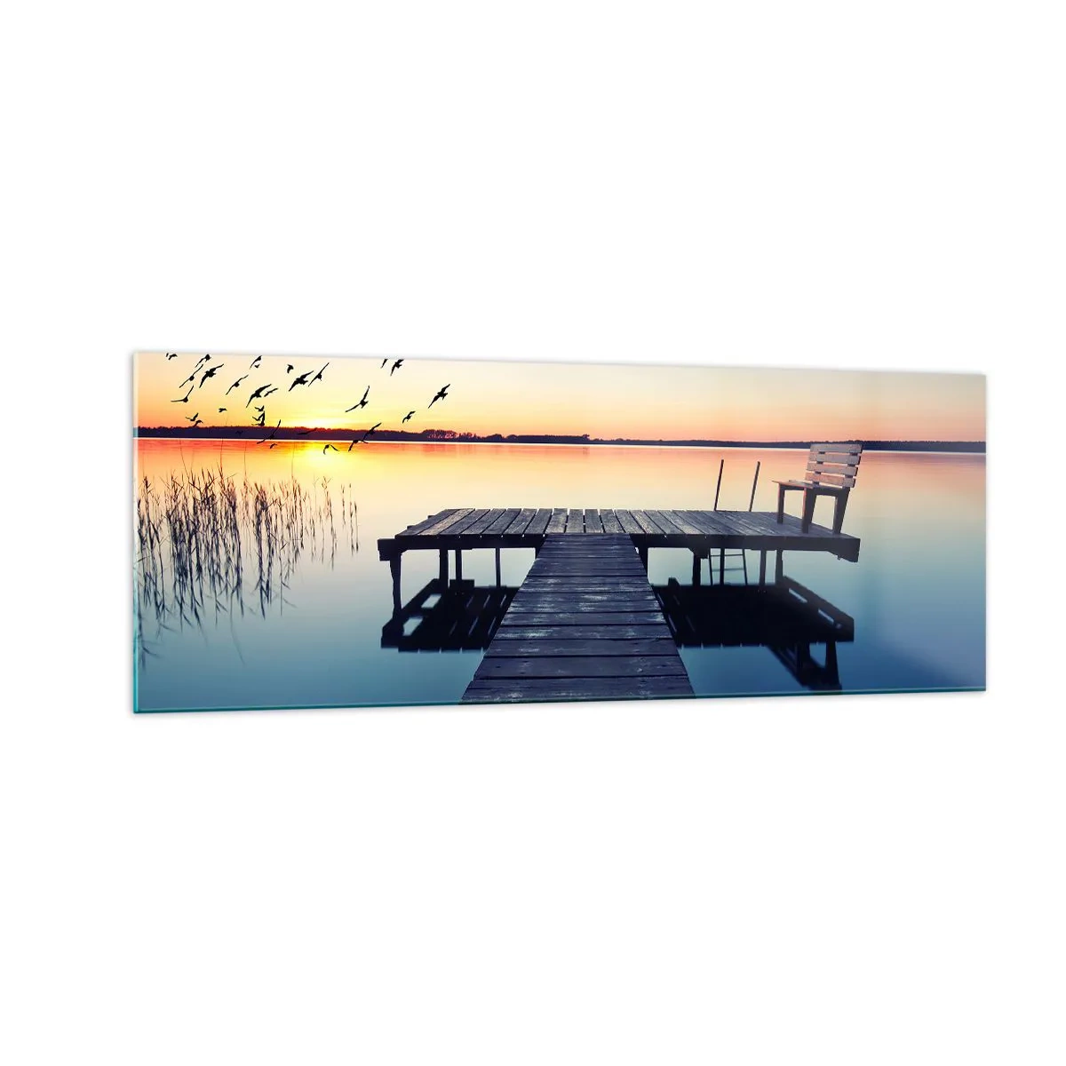 Cuadro sobre vidrio - Impresiones sobre Vidrio - Muelle de madera en un lago al amanecer con pájaros - 140x50cm - Fue un buen día - Decoración de pared moderna para salón y dormitorio ARTTOR