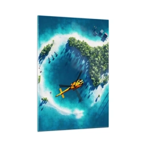 Cuadro sobre vidrio - Impresiones sobre Vidrio - Una isla tropical rodeada de agua turquesa con un helicóptero a la vista. - 80x120cm - Cómprate una isla - Decoración de pared moderna para salón y dormitorio ARTTOR
