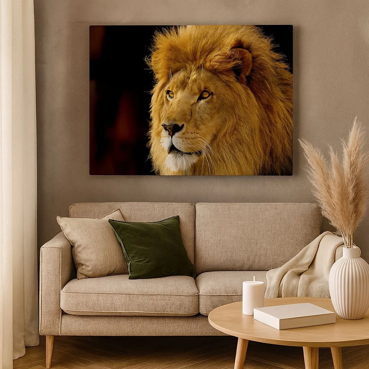 Cuadro sobre lienzo - Impresión de Imagen - Retrato de un león con una melena majestuosa sobre un fondo oscuro - 70x50cm - Retrato de un rey - Decoración de pared moderna para salón y dormitorio ARTTOR