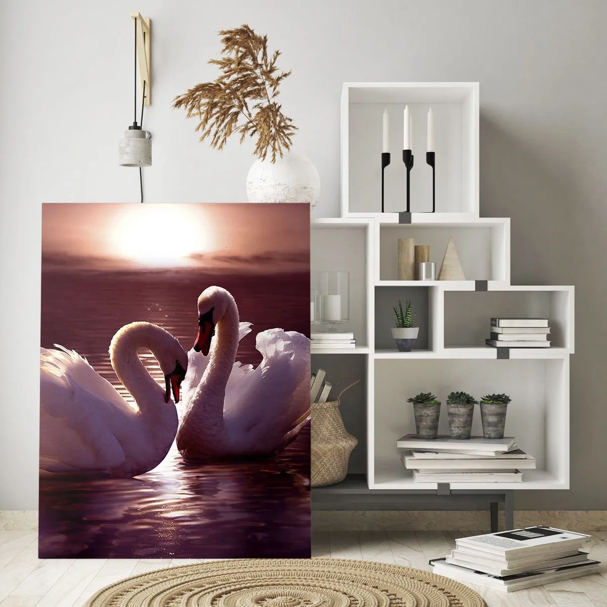 Cuadro sobre vidrio - Impresiones sobre Vidrio - Dos cisnes en un lago tranquilo al atardecer - 70x100cm - Hasta que la muerte nos separe - Decoración de pared moderna para salón y dormitorio ARTTOR