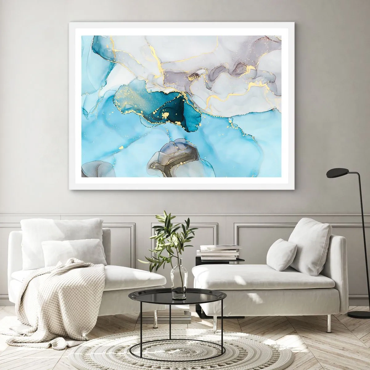 Póster en marco blanco - Un estudio del encuentro entre el gris y el turquesa - 91x61 cm