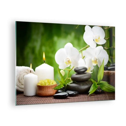 Cuadro sobre vidrio - Impresiones sobre Vidrio - Spa con orquídeas, piedras y velas sobre un fondo verde. - 70x50cm - Un toque fragante, floral y suave - Decoración de pared moderna para salón y dormitorio ARTTOR