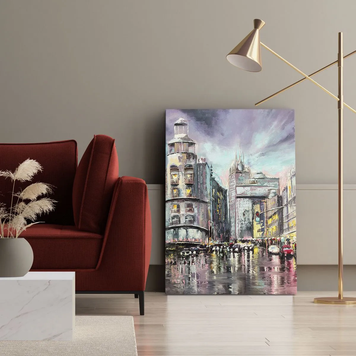 Cuadro sobre lienzo - Impresión de Imagen - Vista nocturna de la ciudad con reflejos en la calle mojada. - 50x70cm - Va a ser una buena noche - Decoración de pared moderna para salón y dormitorio ARTTOR