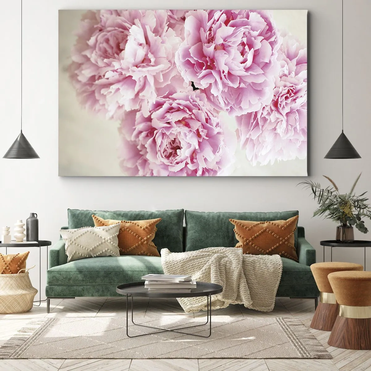Cuadro sobre lienzo - Impresión de Imagen - Un ramo de peonías rosas sobre un fondo claro. - 120x80cm - En el esplendor del rosa - Decoración de pared moderna para salón y dormitorio ARTTOR