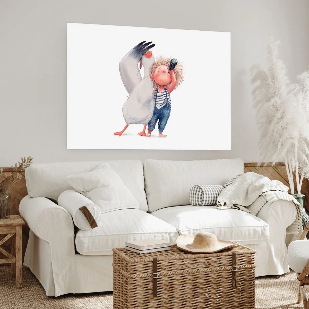 Póster - Ilustración de un niño con un pelícano y un telescopio en la mano. - 100x70cm - Un plan para un gran viaje - Decoración de pared moderna para salón y dormitorio ARTTOR
