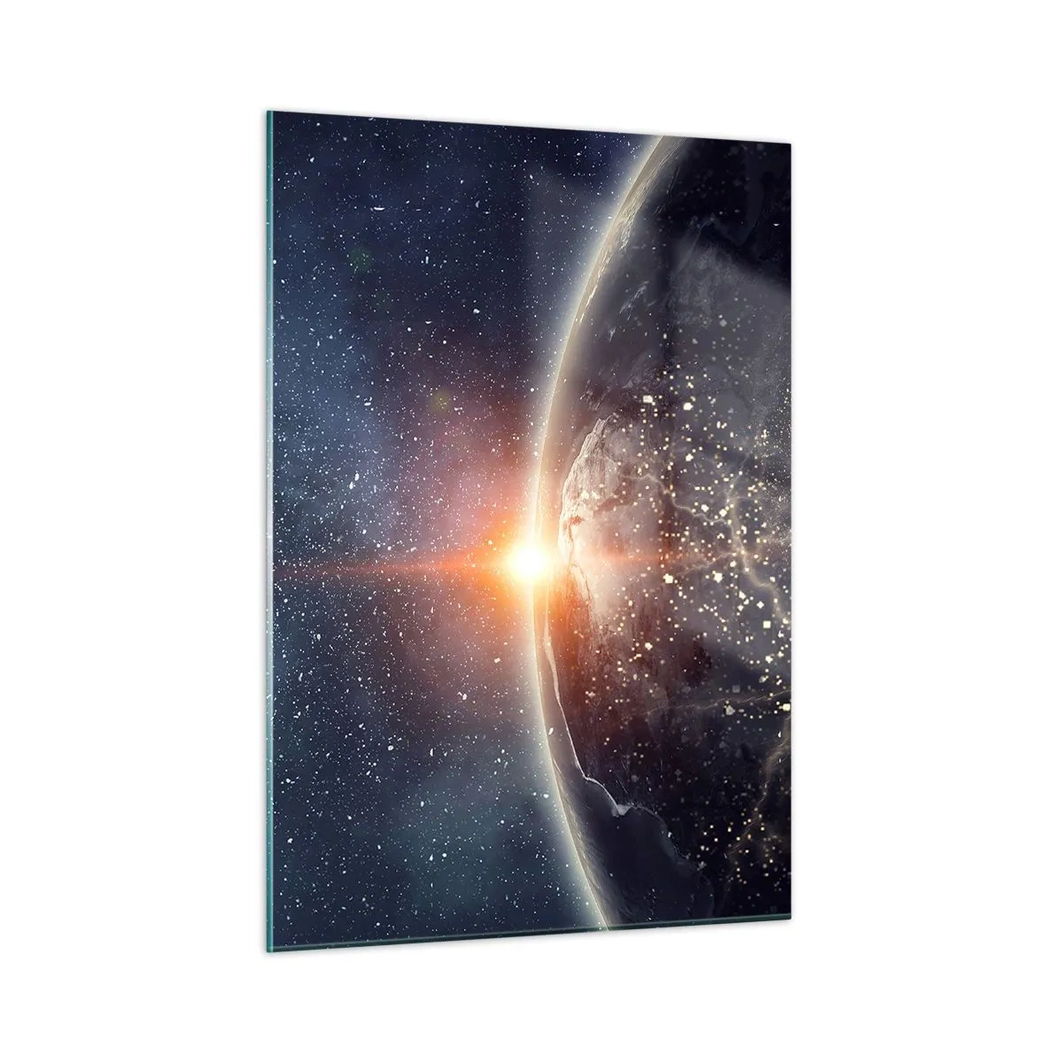 Cuadro sobre vidrio - Impresiones sobre Vidrio - La Tierra iluminada por los rayos del sol en el espacio. - 50x70cm - En una nueva perspectiva - Decoración de pared moderna para salón y dormitorio ARTTOR