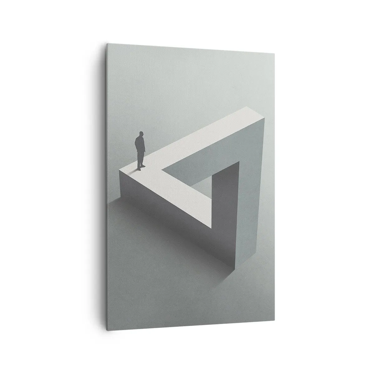 Cuadro sobre lienzo - Impresión de Imagen - Una figura parada sobre un triángulo de Penrose en tonos de gris. - 80x120cm - Y, sin embargo, es posible - Decoración de pared moderna para salón y dormitorio ARTTOR