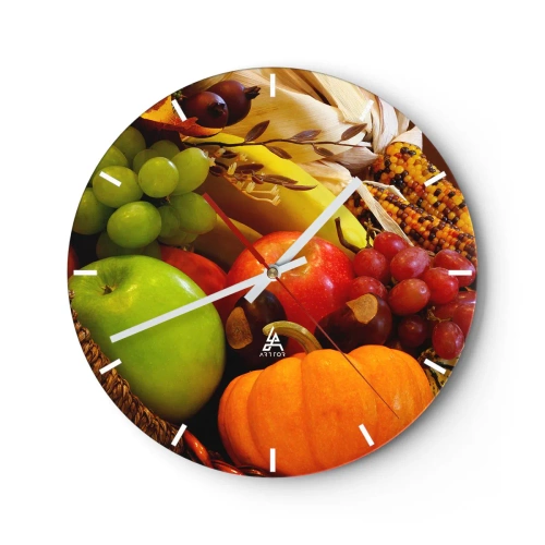 Reloj de pared - Reloj de vidrio - Frutas y verduras de otoño en una cesta - 30x30cm - Cesta de la cosecha - Decoración de pared moderna para salón, cocina y dormitorio ARTTOR