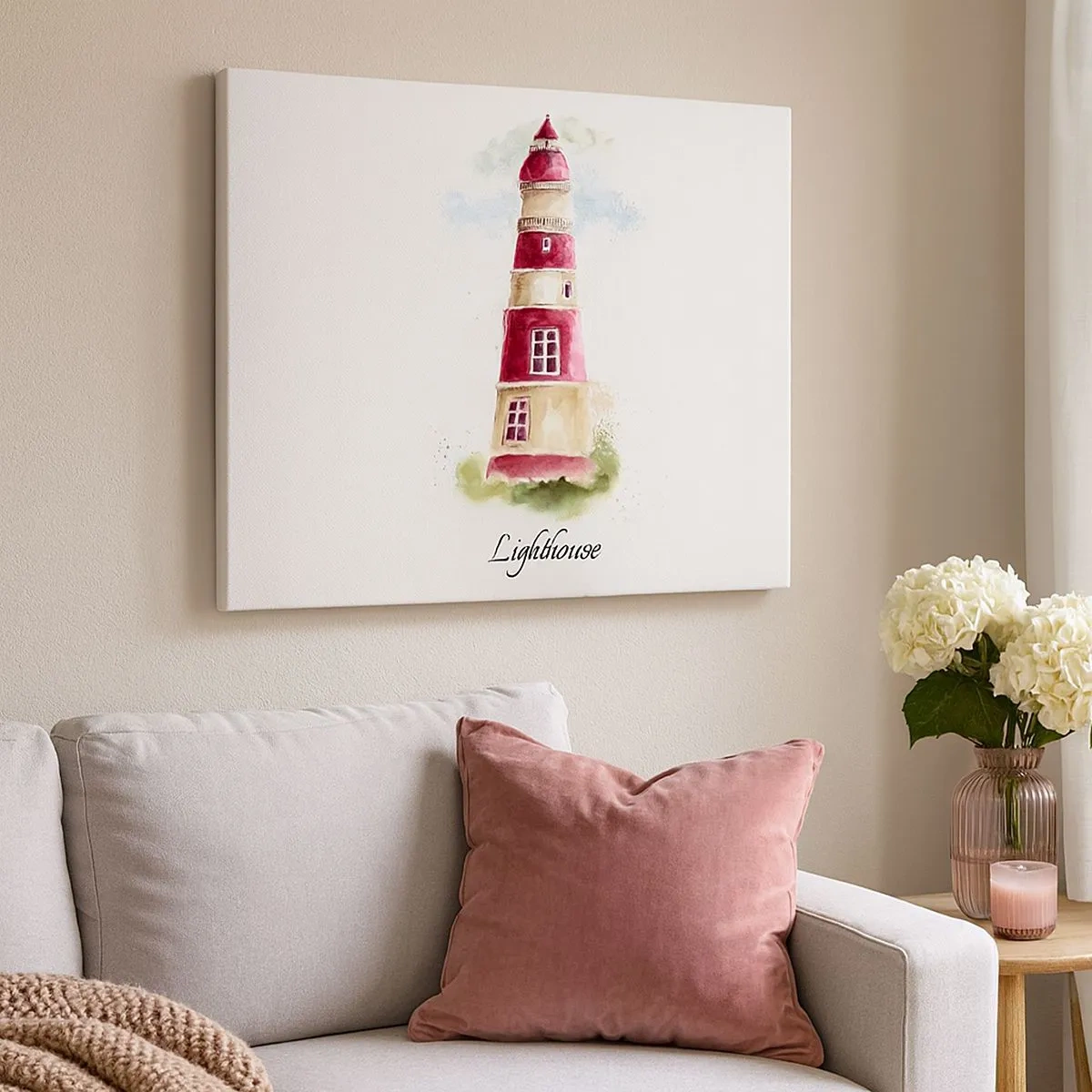 Cuadro sobre lienzo - Impresión de Imagen - Una pintura de acuarela de un faro sobre un fondo claro con una inscripción. - 70x50cm - Siempre observando - Decoración de pared moderna para salón y dormitorio ARTTOR