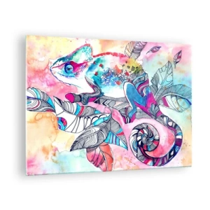 Cuadro sobre vidrio - Impresiones sobre Vidrio - Camaleón colorido entre hojas en estilo acuarela. - 70x50cm - Colorido como nuestro mundo - Decoración de pared moderna para salón y dormitorio ARTTOR