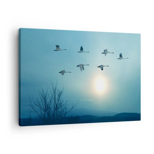 Cuadro sobre lienzo - Impresión de Imagen - Cisnes volando por la mañana - 70x50cm - Adiós al verano por un año - Decoración de pared moderna para salón y dormitorio ARTTOR