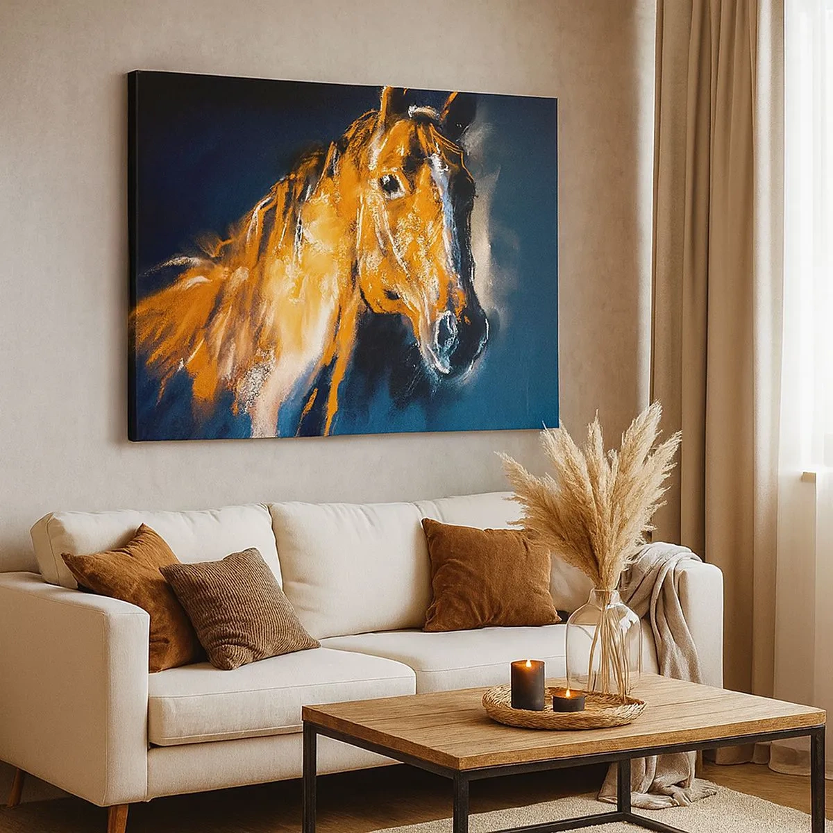 Cuadro sobre lienzo - Impresión de Imagen - Retrato de un caballo en un estilo dinámico y pictórico. - 70x50cm - Entonces, ¿vienes? - Decoración de pared moderna para salón y dormitorio ARTTOR