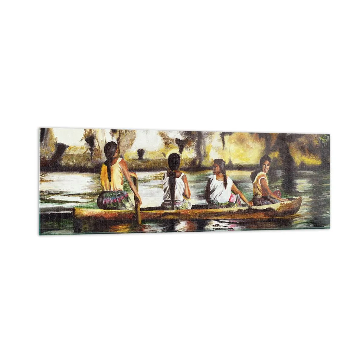 Cuadro sobre vidrio - Impresiones sobre Vidrio - Mujeres en un bote en un río tranquilo con un fondo pintoresco - 160x50cm - En un paraíso polinesio - Decoración de pared moderna para salón y dormitorio ARTTOR