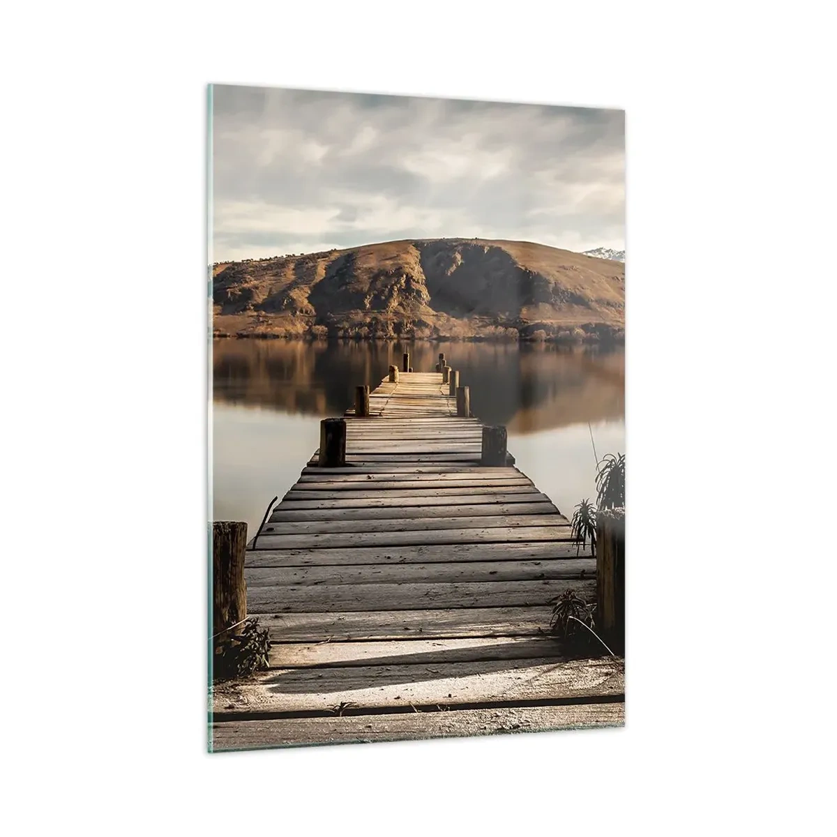 Cuadro sobre vidrio - Impresiones sobre Vidrio - Un embarcadero de madera sobre un lago con vistas a las montañas al fondo. - 50x70cm - Un paisaje en silencio - Decoración de pared moderna para salón y dormitorio ARTTOR