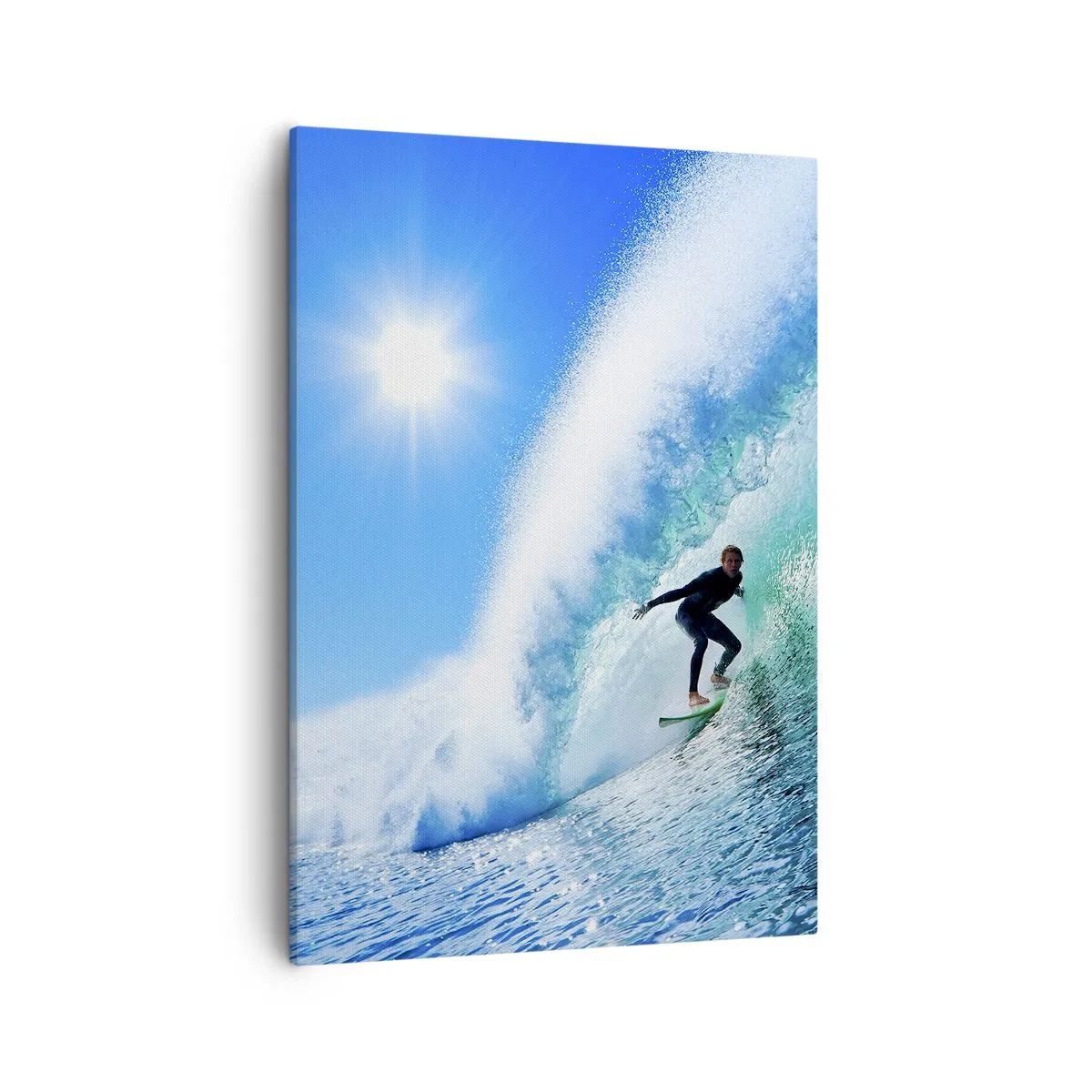 Cuadro sobre lienzo - Impresión de Imagen - Un surfista en una tabla se desliza dentro de una poderosa ola bajo un cielo azul. - 50x70cm - A través de la gran ola - Decoración de pared moderna para salón y dormitorio ARTTOR