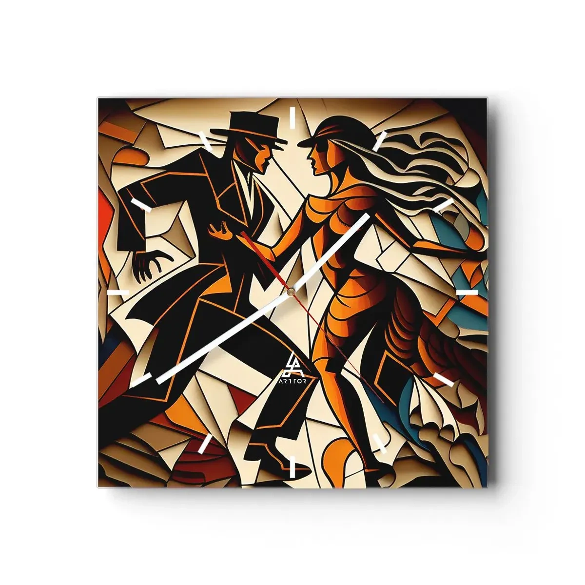 Reloj de pared - Reloj de vidrio - Una pareja dinámica bailando en forma abstracta. - 30x30cm - Danza de pasión - Decoración de pared moderna para salón y dormitorio ARTTOR