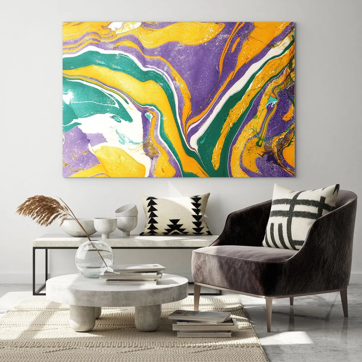 Cuadro sobre vidrio - Impresiones sobre Vidrio - Patrón de ondas abstracto en amarillo, morado y verde. - 70x50cm - Olas de color - Decoración de pared moderna para salón y dormitorio ARTTOR