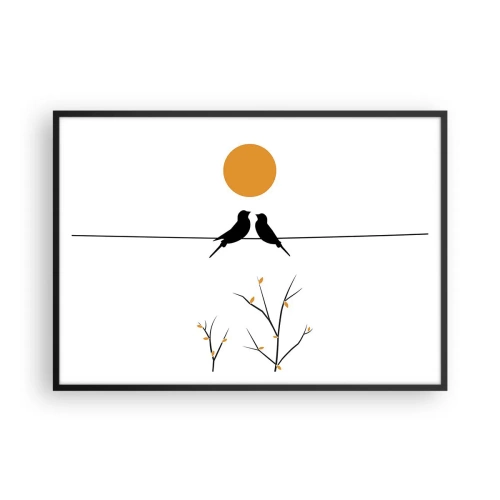 Póster en marco negro - Pájaros en una línea con un sol amarillo. - 100x70cm - Noche de ruiseñores - Decoración de pared moderna para salón y dormitorio ARTTOR