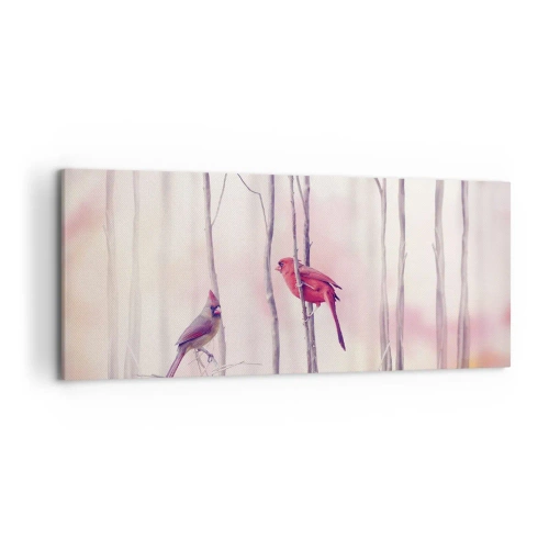 Cuadro sobre lienzo - Impresión de Imagen - Una pareja de cardenales posados en las ramas en un paisaje pastel. - 120x50cm - Historia de un bosque rosa - Decoración de pared moderna para salón y dormitorio ARTTOR