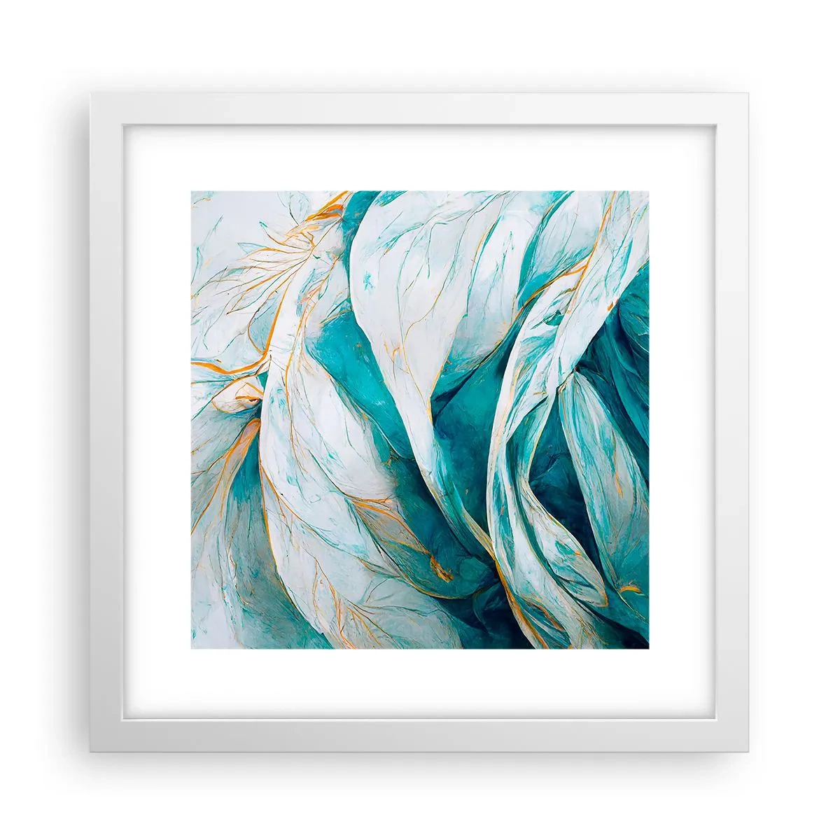 Póster en marco blanco - Abstracción azul con motivos dorados - 30x30 cm
