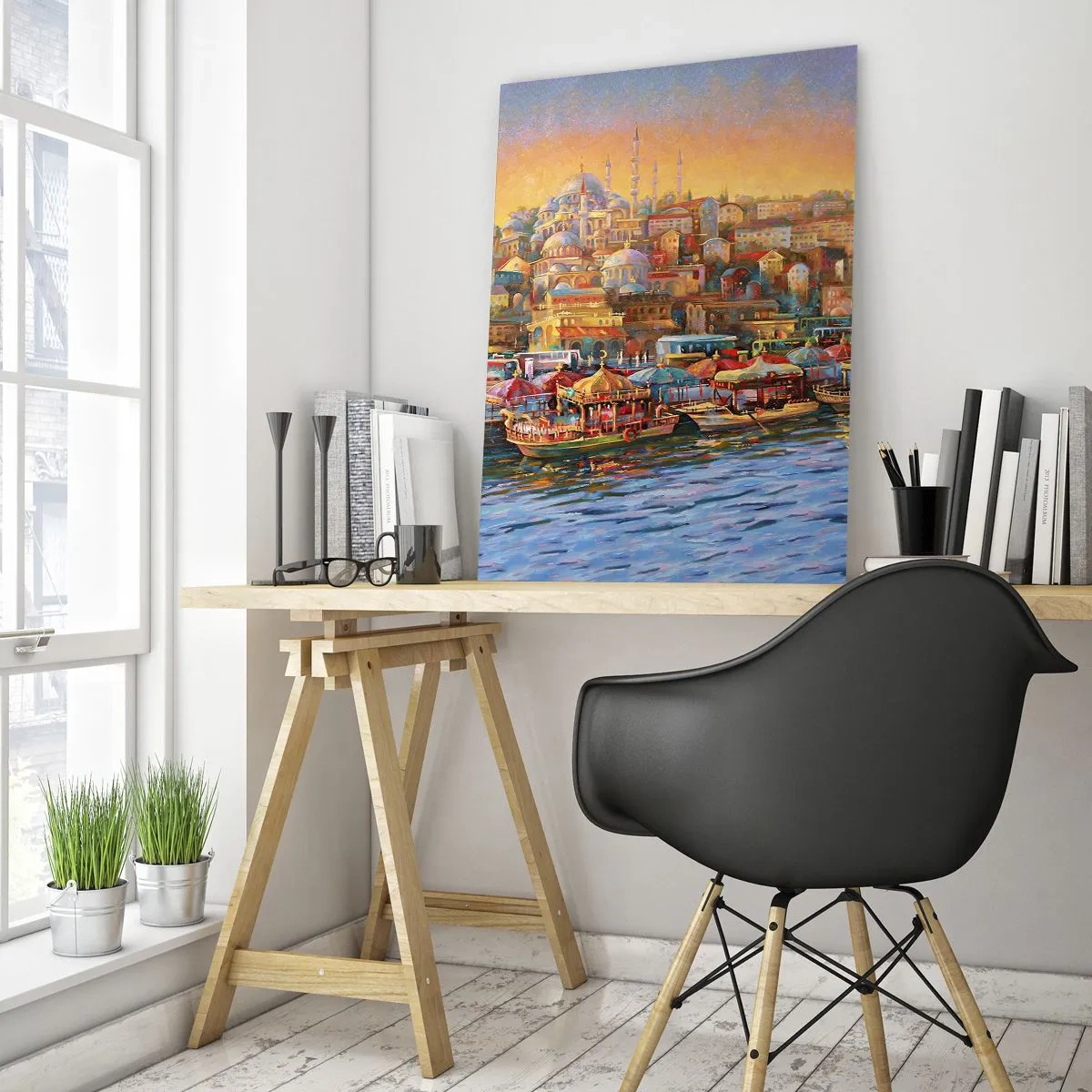 Cuadro sobre vidrio - Impresiones sobre Vidrio - Un puerto colorido con barcos y un panorama de la ciudad al atardecer. - 50x70cm - Una historia en Estambul - Decoración de pared moderna para salón y dormitorio ARTTOR